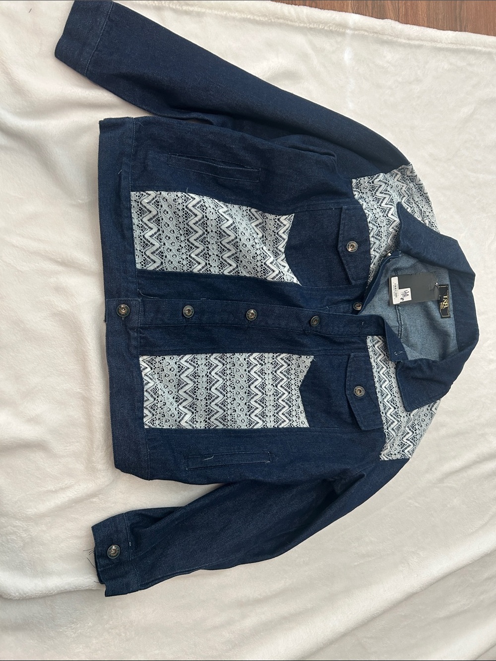 L&B Navy Blue Denim Jacket with White Patterned Panels